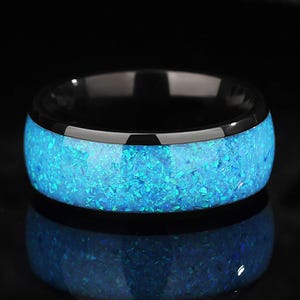 Glow in the Dark Ring for Men, Blue Glowstone Galaxy Opal Ring, 8mm Wedding Band.