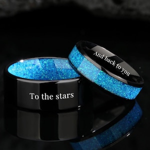 Matching Wedding Bands: Custom Engraved Ring, Glow in the Dark, Galaxy Opal