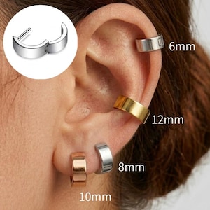 May include: A set of four hoop earrings in silver, gold, and rose gold tones, displayed on an ear. The earrings are labeled with sizes 6mm, 8mm, 10mm, and 12mm. A circular inset shows a single silver hinged hoop earring with an open post mechanism.