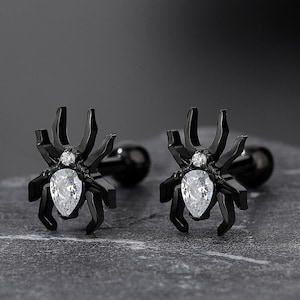 18G Dainty Spider Stud Earrings, Black CZ Spider Screw Back Earring, Titanium Studs, Conch Cartilage Stud, Best Friend Gift