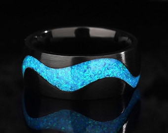 Mens Wdding Band: Black Opal Ring, Wave Galaxy, Glow in the Dark