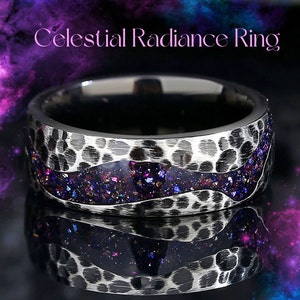 Hammered Galaxy Nebula Ring, 8mm Outer Space Ring, Nature Inspired Engagement Ring, Men Woman Wedding Band.