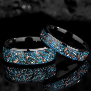 Glow Opal Couple Rings: Wedding Band Set, Glow in the Dark, 6mm & 8mm