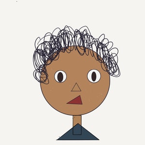 Puede incluir: Una ilustración de dibujos animados de una persona con piel marrón, cabello negro rizado y una expresión de sorpresa. La persona tiene ojos grandes y redondos y una nariz pequeña y triangular. La persona lleva una camisa azul.