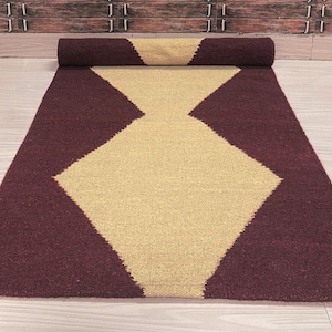 Brown Wool Runner, Handmade Geometric  Stair Runner, Hallway Modern Wool Rug - Bedside Runner - Brown Kilim Staircase / Wedding Runner rug