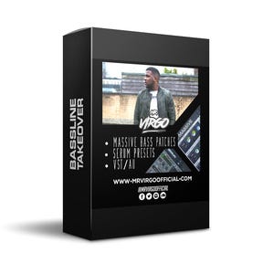 May include: Black box with white text that reads "BASSLINE TAKEOVER" and "MASSIVE BASS PATCHES", "SERUM PRESETS", and "VST/AU". The box also features a photo of a man with the text "VIRGO" on his shirt.