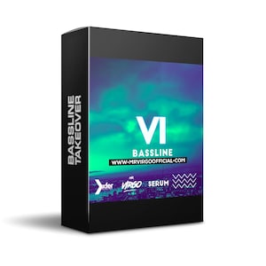 May include: A black box with a blue and green gradient background. The text "BASSLINE TAKEOVER VI BASSLINE www.mrvirgooofficial.com" is printed on the box. The logos for "xfer", "VIRGO", and "SERUM" are also printed on the box.
