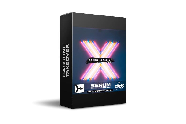 Może przedstawiać: Czarne pudełko z neonowym r&oacute;żowym, niebieskim i ż&oacute;łtym X z przodu. Tekst "SERUM BASELINE PRESETS" znajduje się na X. Tekst "BASSLINE TAKEOVER" znajduje się po lewej stronie pudełka. Tekst "SERUM" znajduje się na dole pudełka. Tekst "VIRGO" znajduje się po prawej stronie pudełka.