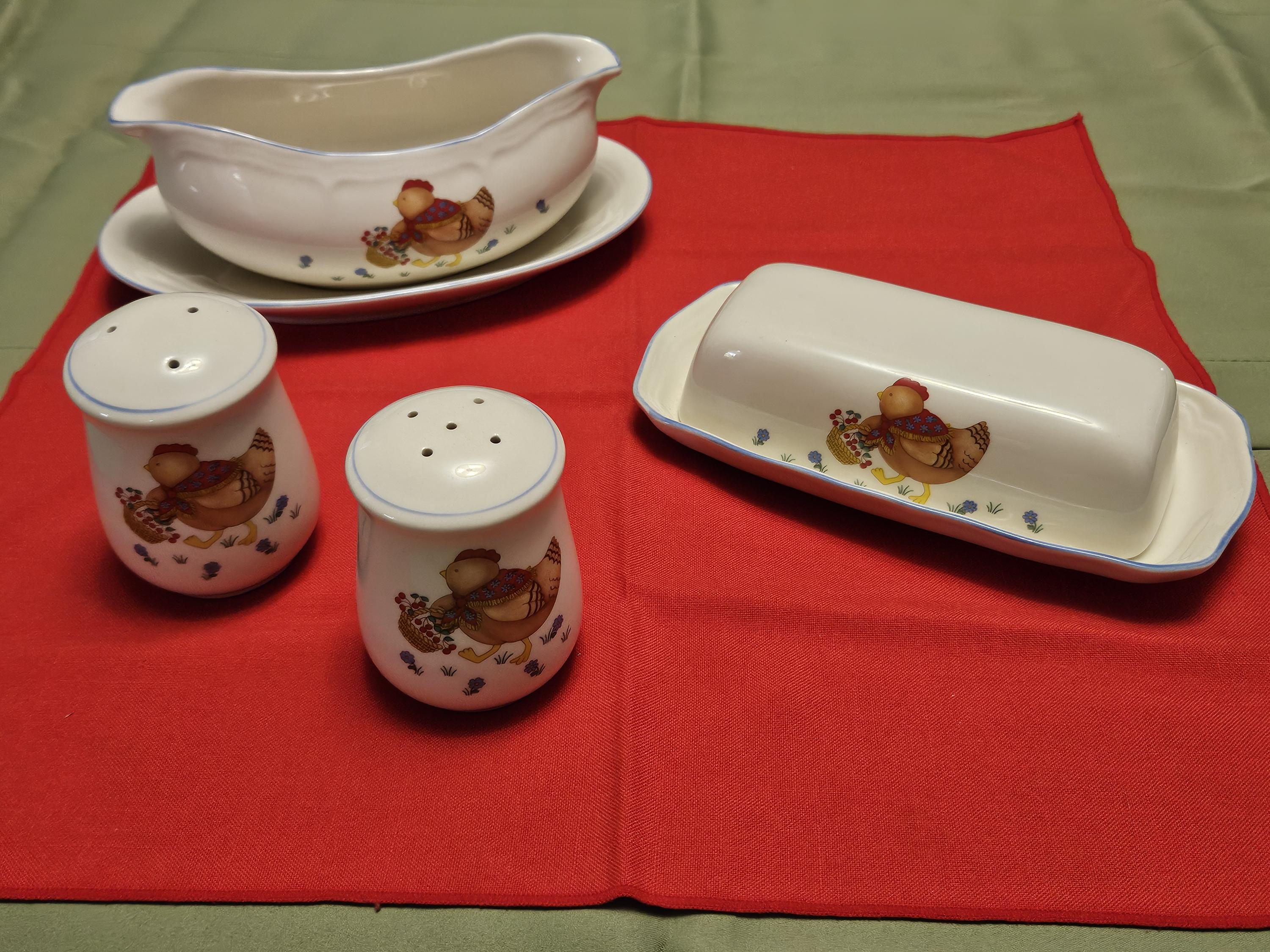 Henrietta Chicken NewCor Stoneware Thailand Blue Trim Gravy Boat Covered Butter Dish Salt & Pepper Shakers