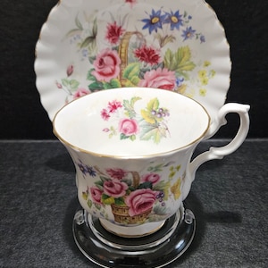 Royal Albert Basket Full of Pink Roses and Grapes Teacup and Saucer Set