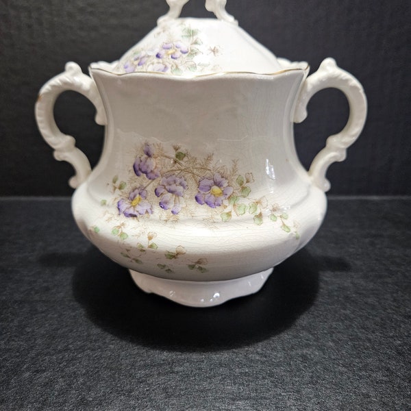 National China Covered Sugar Bowl Dish with Purple Flowers