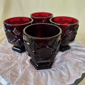 Avon Ruby Red 1876 Cape Cod Collection - (4) Footed Glasses 3.75" T x 3.25" W per box - awesome vintage condition