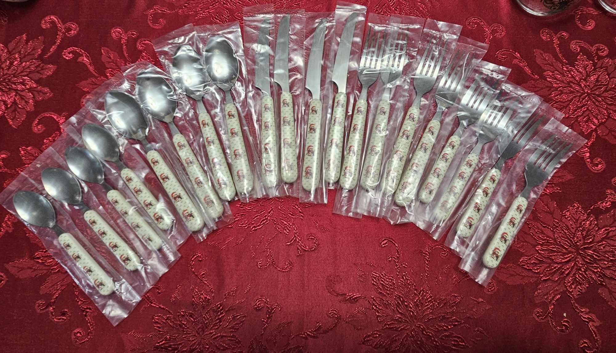 Tienshan's 1980s Theodore Bears Christmas Stoneware - 20 Pc Set Stainless Steel Flatware 4 Place Setting of 5 Pieces - Awesome Condition