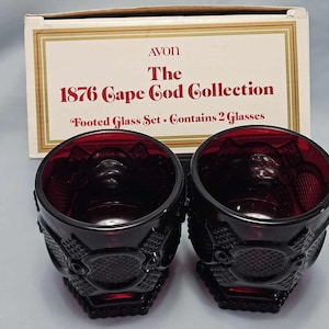 Avon Ruby Red 1876 Cape Cod Collection - 1 box of 2 Footed Glasses 3.75" tall in the original box awesome vintage condition