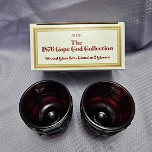 Avon Ruby Red 1876 Cape Cod Collection - 1 box of 2 Footed Glasses 3.75&quot; tall in the original box awesome vintage condition