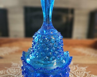 Fenton Vintage Colonial Blue Hobnail Glass two-piece Fairy Lamp with Bell - 8.5" T x 4" W
