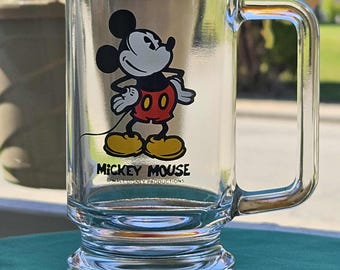 Vintage Walt Disney Mickey Mouse Clear Glass Mug Stein Awesome Condition 5.5" T x 2.75" W