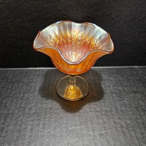 Fenton Carnival Glass Ruffled Stemmed Compote Dish with Etched Holly Branches