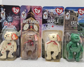 Beanie Babies 2000 McDonalds House Charities Series still in the Original Boxes Glory, Britannia, Maple and Erin