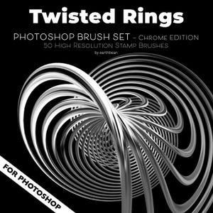 Twisted Rings Photoshop Brush Set – Chrome Edition, 50 High-Resolution Stamp Brushes + PNGs, Abstract Ring Brushes