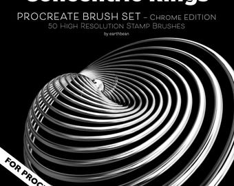 Conjunto de pinceles de anillos concéntricos para Procreate (edición Chrome) / 50 pinceles de sello de alta resolución + 50 PNG transparentes / Descarga instantánea