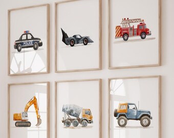 Police Car, Fire Truck, Excavator Set of 6: Watercolor Boy Room Art