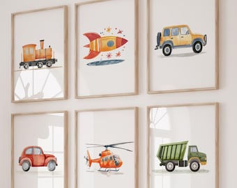 Transportation Nursery Set of 6: Watercolor Train, Rocket, Truck Wall Art