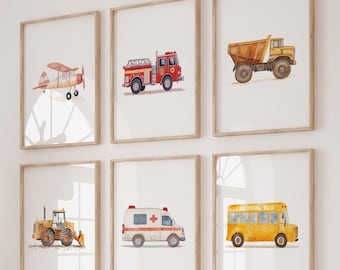 Watercolor Transportation Prints Set of 6: Fire Truck, School Bus, Airplane & Construction Vehicles