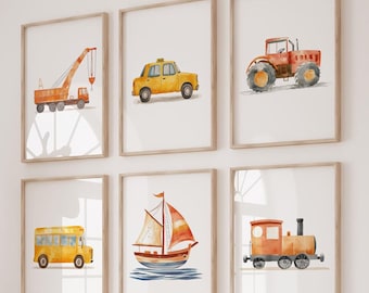 Construction Nursery Set of 6: Watercolor Tractor, School Bus, Train Art