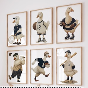 Sports Duck and Goose Set of 6 Prints, Animal Nursery Wall Art Collection, Baby Room Digital Print Set, Sport Theme Toddler Kids Room Decor
