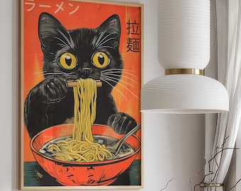 Lámina vintage de gato comiendo ramen: Arte retro japonés para la cocina (Descarga digital)
