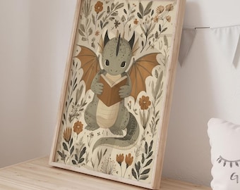 Baby Dragon Reading Book: Vintage Fantasy Nursery Art, Green Animal Print