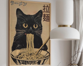 Póster vintage de gato comiendo ramen: Arte mural para cocina japonesa (Descarga digital)