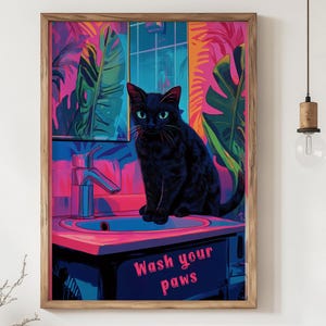 Black Cat Digital Wall Art Funny Bathroom Poster Wash Your Paws Tropical Neon Decor Printable Cat Lover Gift Cute Quirky Cat Bathroom Decor