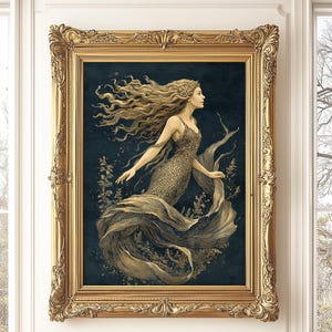 Elegant Mermaid Digital Art Printable Underwater Fantasy Illustration Ethereal Ocean Goddess Wall Decor Vintage Mystical Sea Creature Poster
