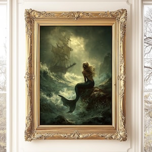 Moody Mermaid Print, Mystical Gothic Mermaid Wall Art, Mermaid Digital Poster, Sailing Ship and Mermaid Home Decor Impressive Gothic Sea Art