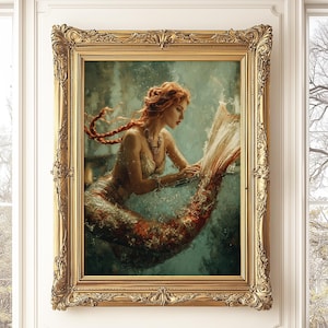 Redhead Mermaid Digital Paint Ocean Fantasy Wall Decor Underwater Enchanted Print Mystical Sea Fairy Tale Room Poster Red Haired Mermaid Art