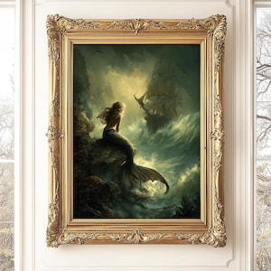 Mystical Mermaid Poster, Moody Gothic Mermaid Wall Art, Mermaid Digital Print, Sailing Ship and Mermaid Home Decor Impressive Gothic Sea Art