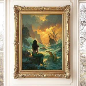 Mystical Mermaid Print,  Gothic Mermaid Wall Art, Impressive Mermaid Digital Poster, Sailing Ship and Mermaid Home Decor, Moody Gothic Sea