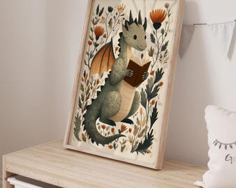 Dragon Reading Book Print: Vintage Fantasy Nursery Art, Storybook Cottagecore Decor