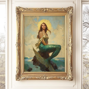 Radiant Mermaid Sitting on Ocean Rock Fantasy Digital Wall Art  Celestial Majestic Sea Goddess Vibe Magical Coastal Mystic Printable Artwork