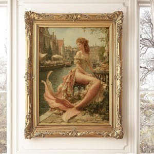 Impresión de arte de pared de sirena romántica, pintura digital de fantasía oceánica, decoración costera para el hogar, obra de arte de sirena vintage, póster caprichoso de princesa marina, regalo
