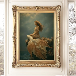 Golden Mermaid Wall Art Digital Download, Mystical Ocean Fantasy Printable Poster, Underwater Goddess Decor, Coastal Wall Print Gift Idea