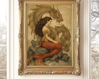Mermaid and Dragon Art Print: Mythical Ocean Fantasy (Digital Download