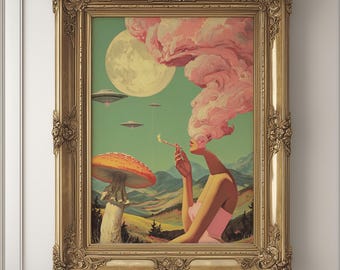 Retro Surreal Woman with Mushroom and UFOs Art Print (Digital Download)