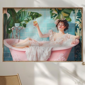 Modern Feminine Art, Luxury Bathroom Wall Poster, Woman Champagne Wall Art, Bathtub Poster, Stylish Bathroom Decor, Relaxing Bath Prints