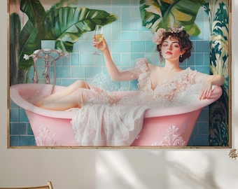 Lámina artística "Mujer en la bañera": Champán, decoración de baño de lujo (descarga digital)