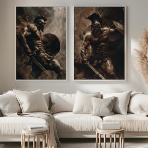 May include: Two framed prints of a warrior in a helmet and armor holding a sword and shield. The warrior is depicted in a dramatic pose, with a dark background.
