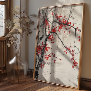 Elegant Sakura Cherry Blossom Digital Wall Art, Japanese Inspired Floral Print, Red Flower Nature Art Home Decor, Japanese Sakura Flower Art