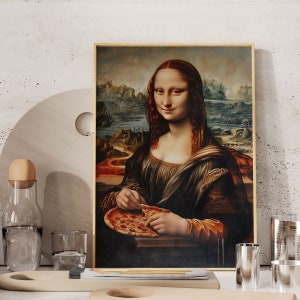 Mona Lisa mangia la pizza, decorazione murale umoristica con cibo, poster di cucina italiana, divertente arte murale per bar, poster divertente per sala da pranzo, regalo per gli amanti della pizza